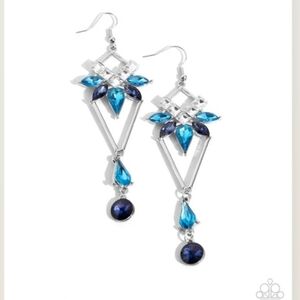 Paparazzi Silver and Blue Geometric Earrings Shoulder Dusting Shimmer Fashion